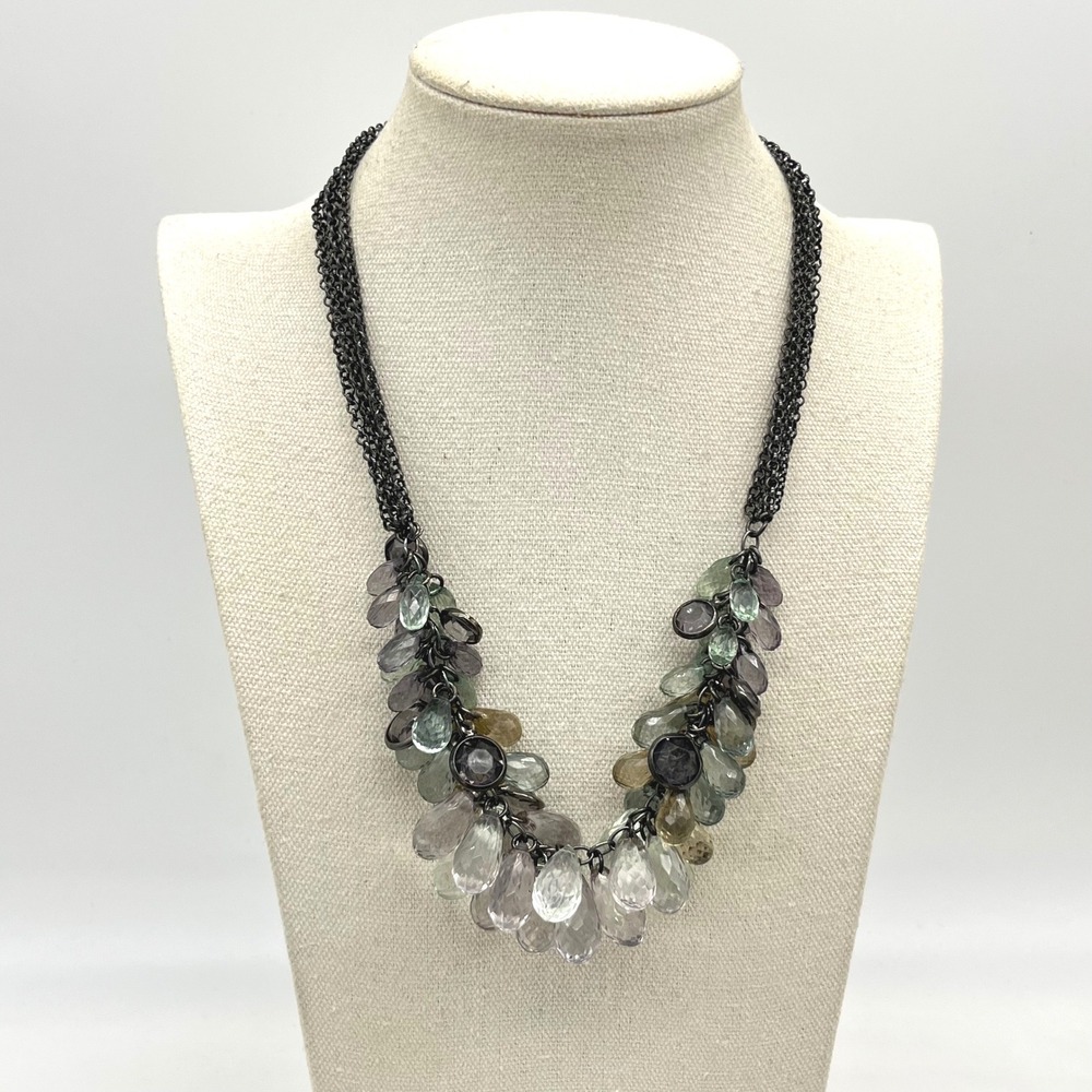 LOFT Gunmetal Multi Strand Bib Necklace Green Grey Faceted Teardrop Glass Bead